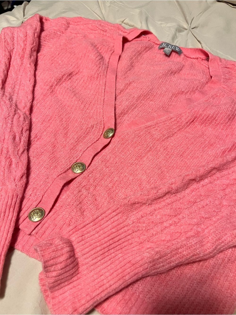 J. Crew Coral Pink Button-Front Cable Cardigan